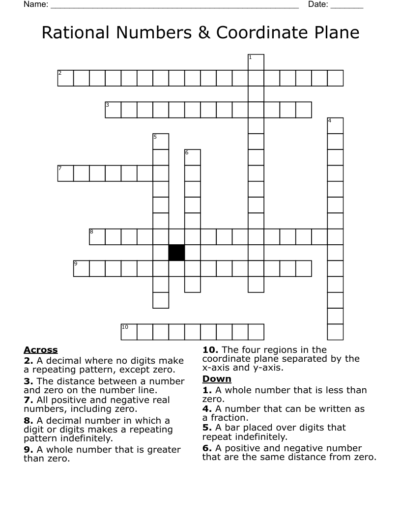 Rational Numbers & Coordinate Plane Crossword