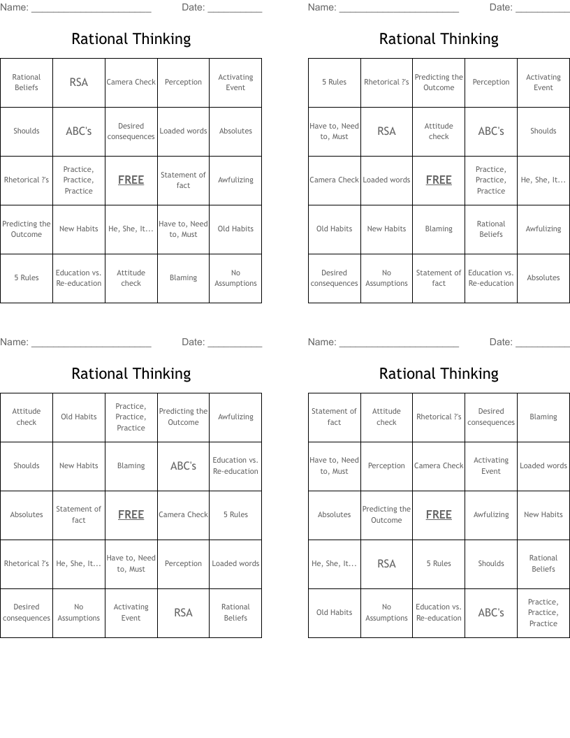 Rational Thinking Bingo Cards