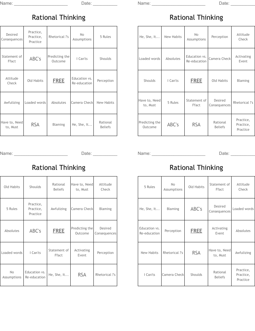 Rational Thinking Bingo Cards