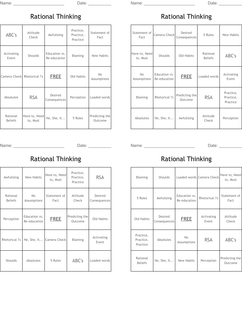 Rational Thinking Bingo Cards