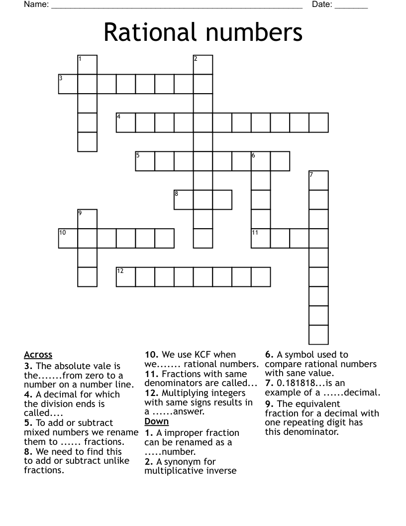 Rational numbers Crossword