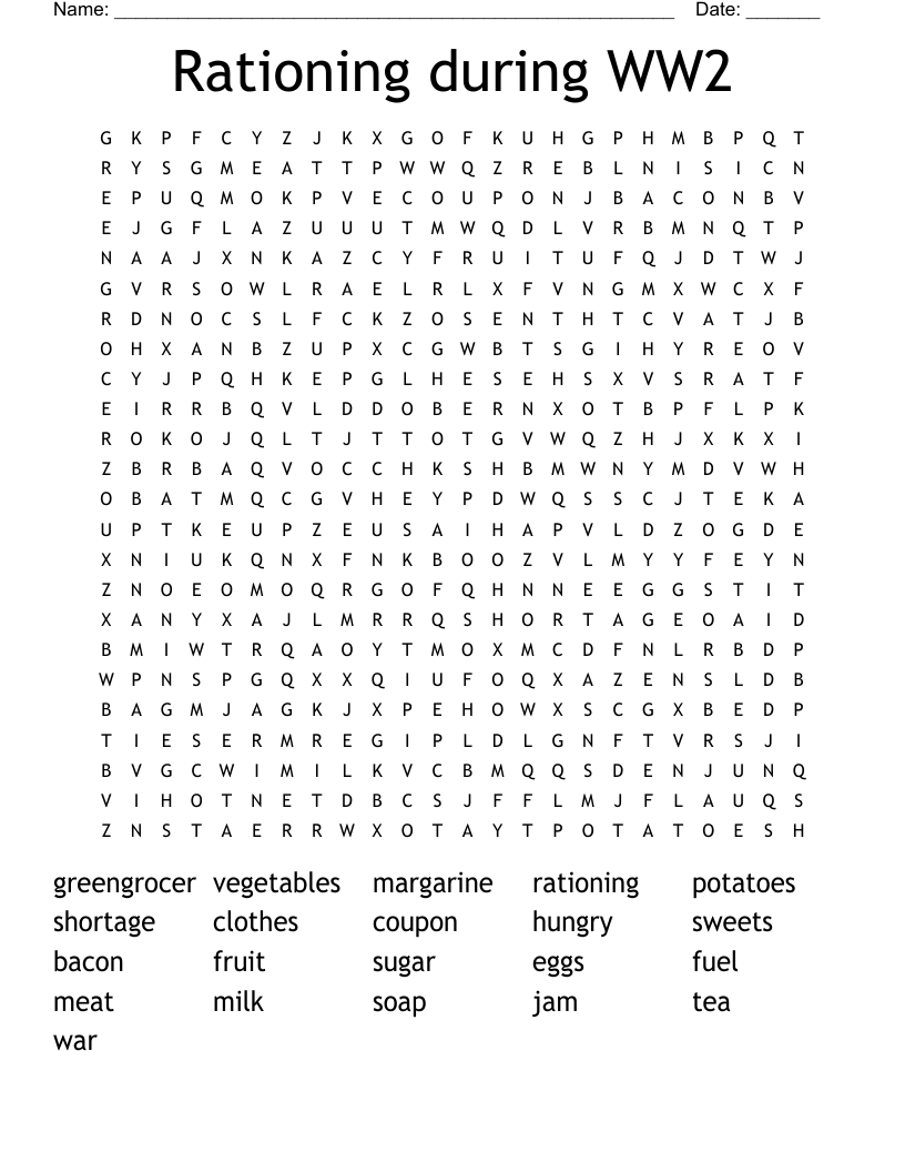 Rationing during WW2 Word Search