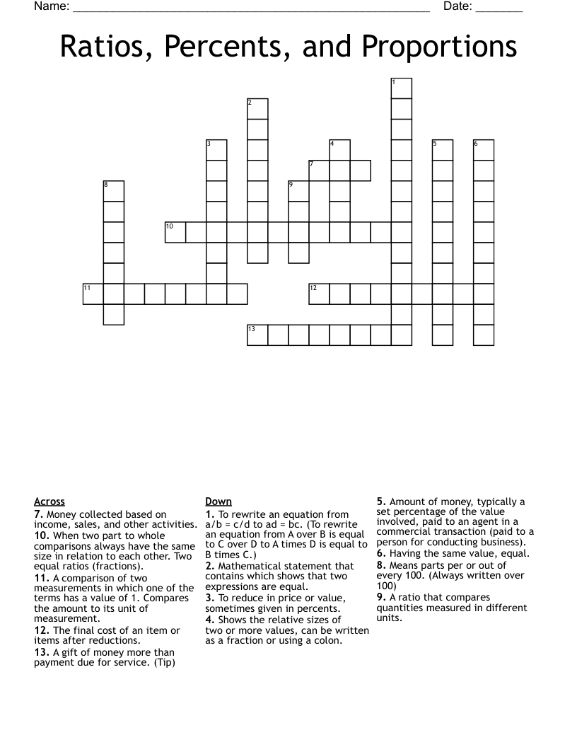 Ratios, Percents, and Proportions Crossword
