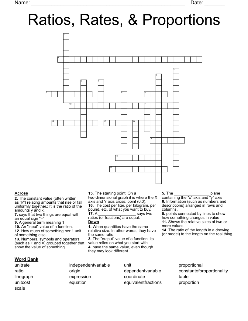 Ratios, Rates,  & Proportions Crossword