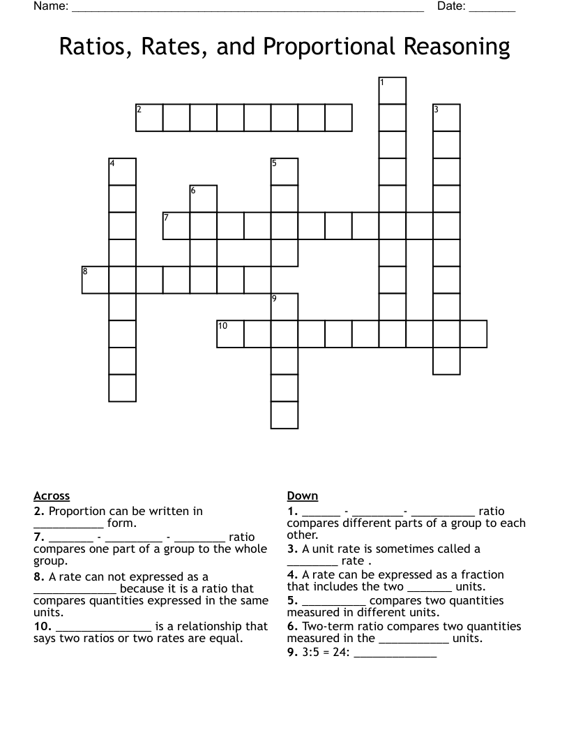 Ratios, Rates, and Proportional Reasoning Crossword