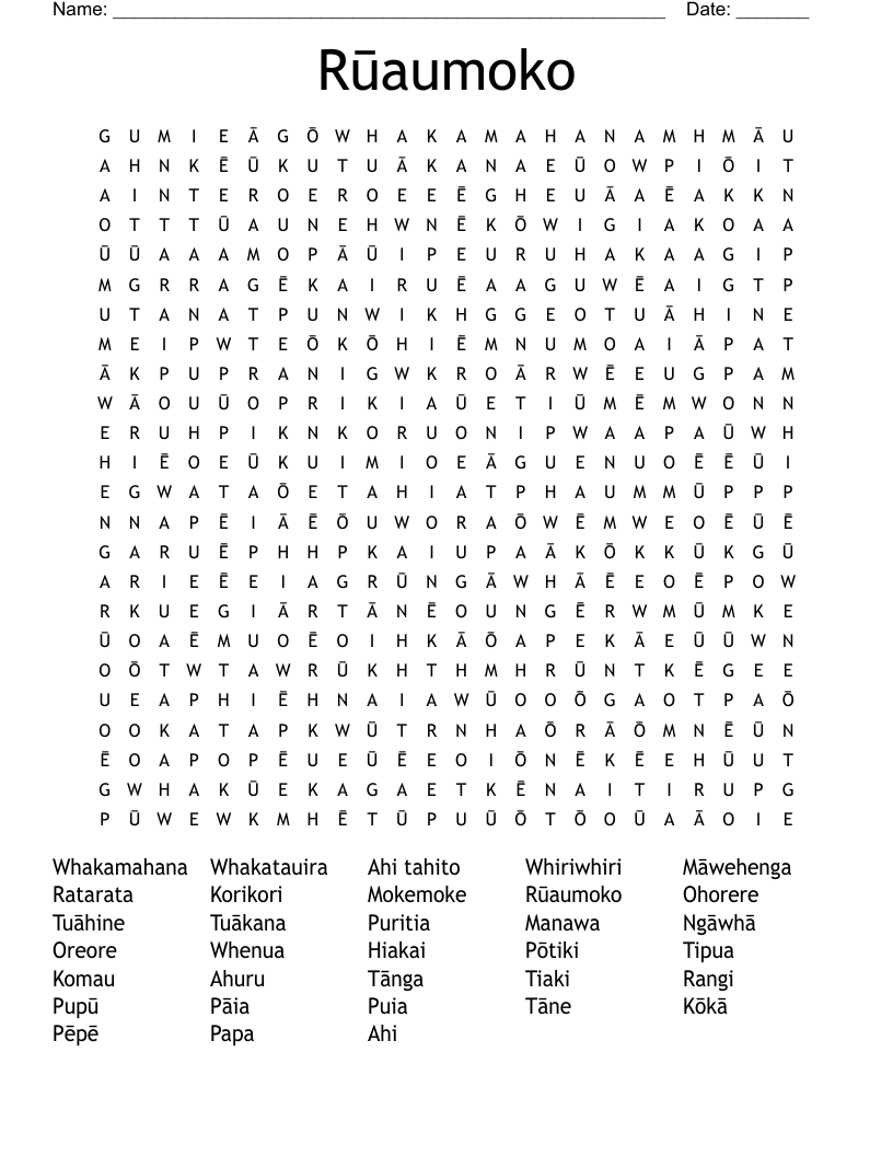 Rūaumoko Word Search