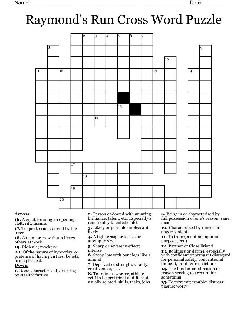 Raymond's Run Cross Word Puzzle