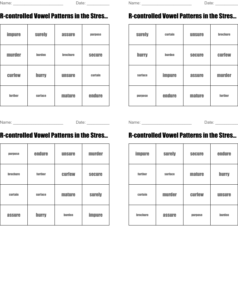 R-controlled Vowel Patterns in the Stressed Syllable  Bingo Cards