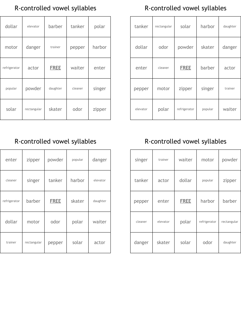 R-controlled vowel syllables Bingo Cards