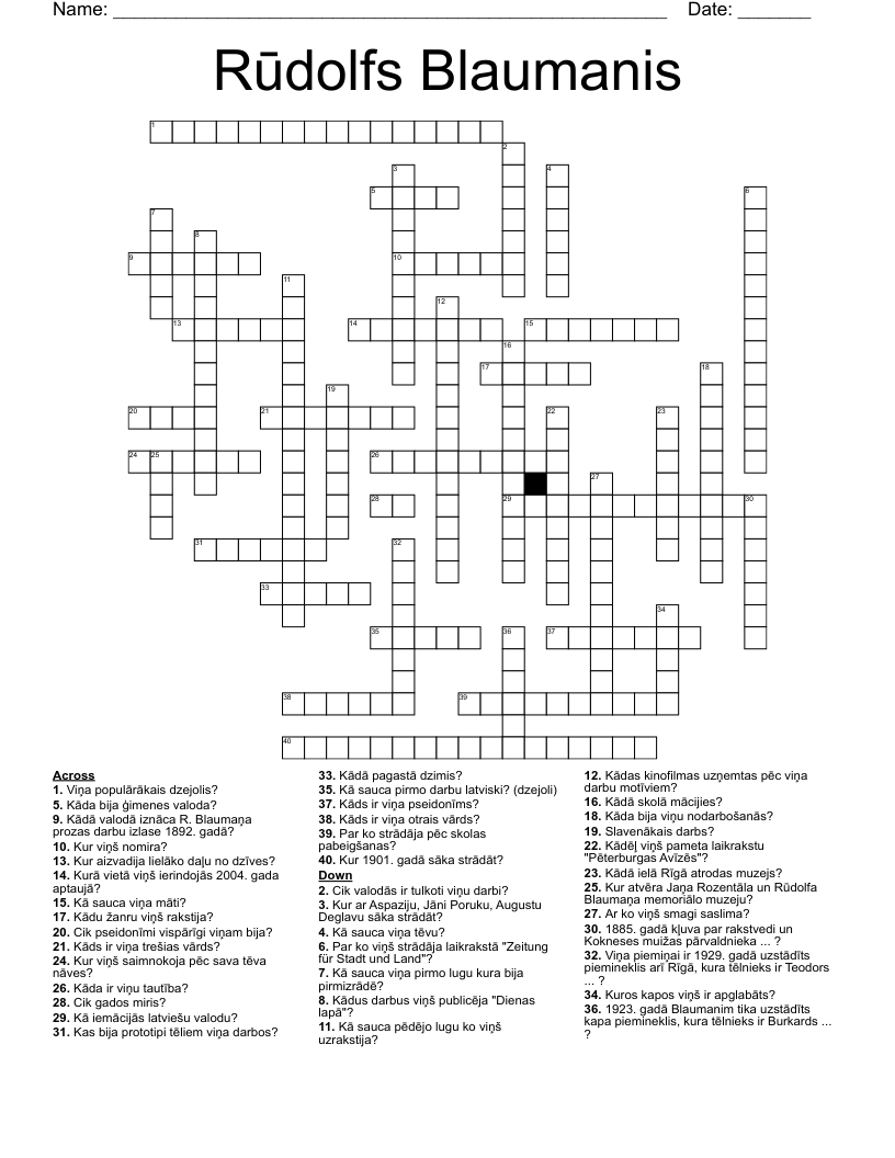 Rūdolfs Blaumanis Crossword