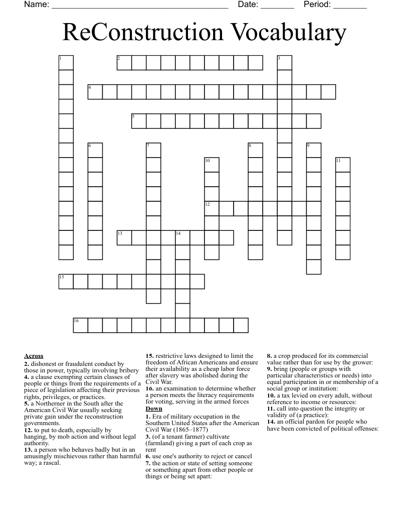 ReConstruction Vocabulary Crossword