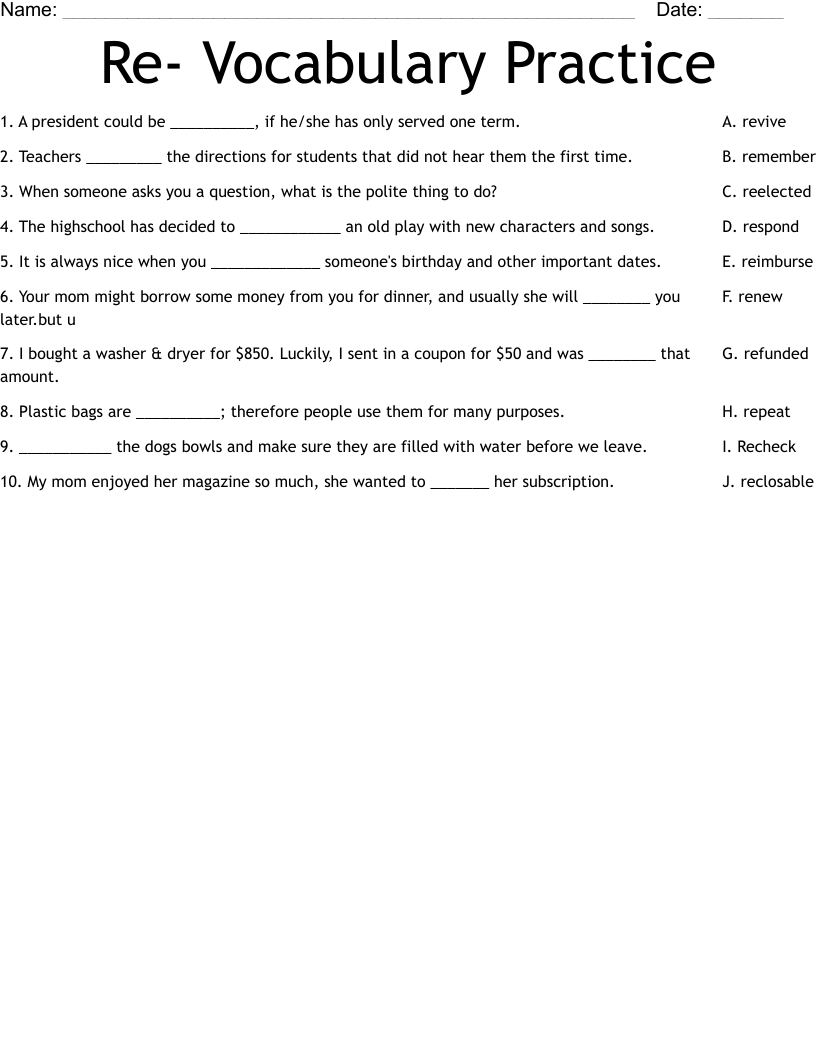 Re- Vocabulary Practice Worksheet