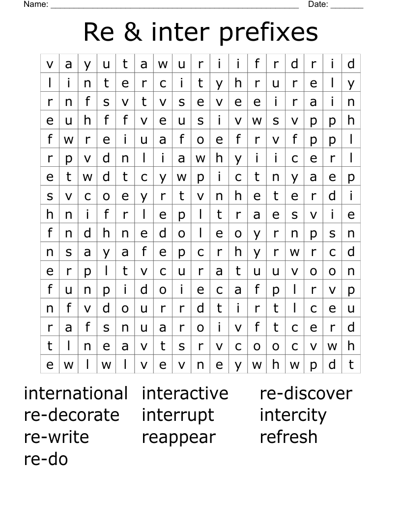 Re & inter prefixes Word Search