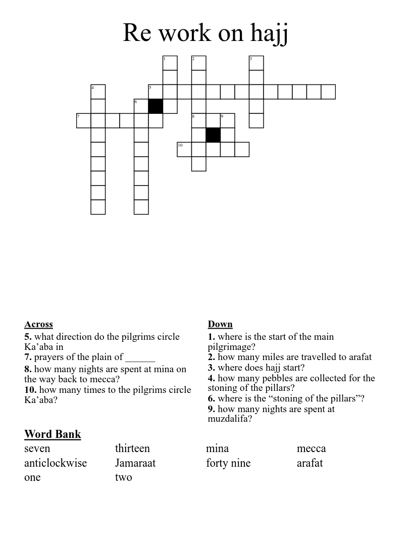 Re work on hajj Crossword