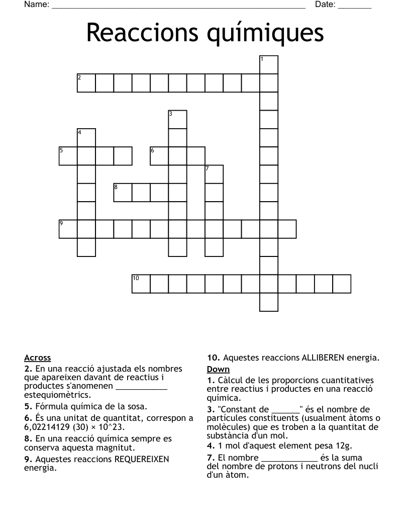 Reaccions químiques Crossword