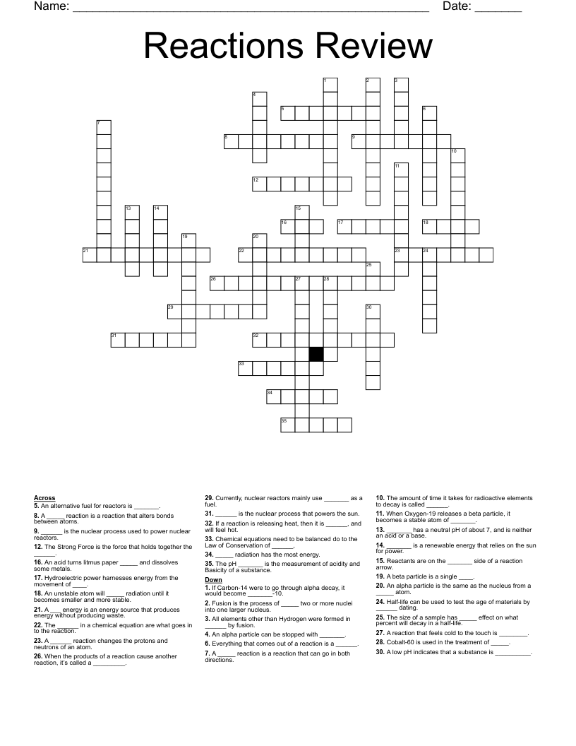Reactions Review Crossword