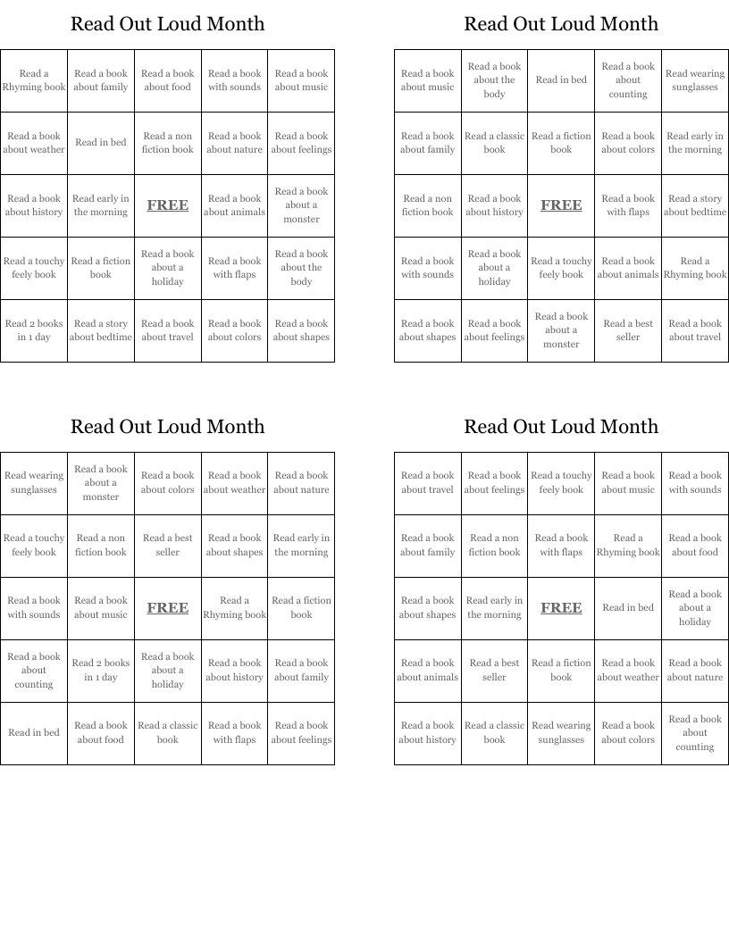 Read Out Loud Month Bingo Cards