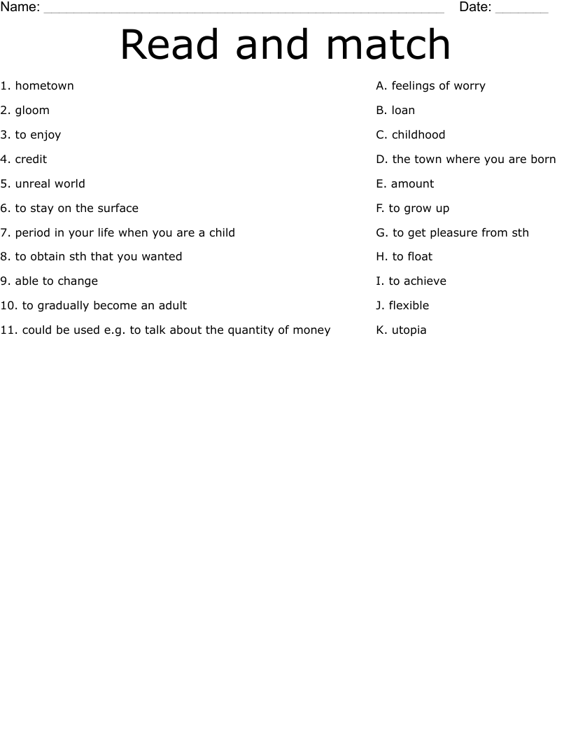 Read and match Worksheet