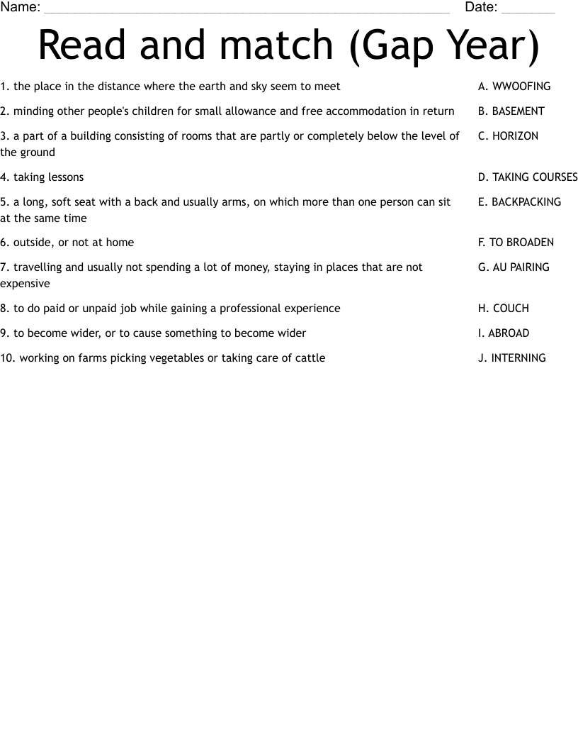 Read and match (Gap Year) Worksheet