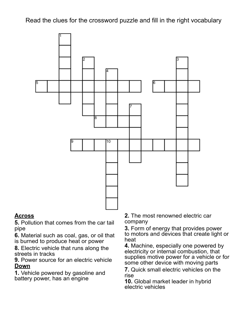 Read the clues for the crossword puzzle and fill in the right vocabulary