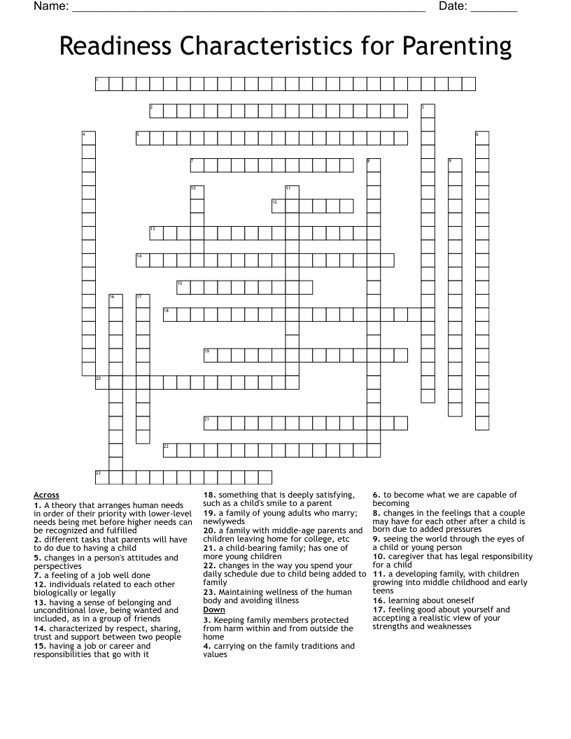 Readiness Characteristics for Parenting Crossword