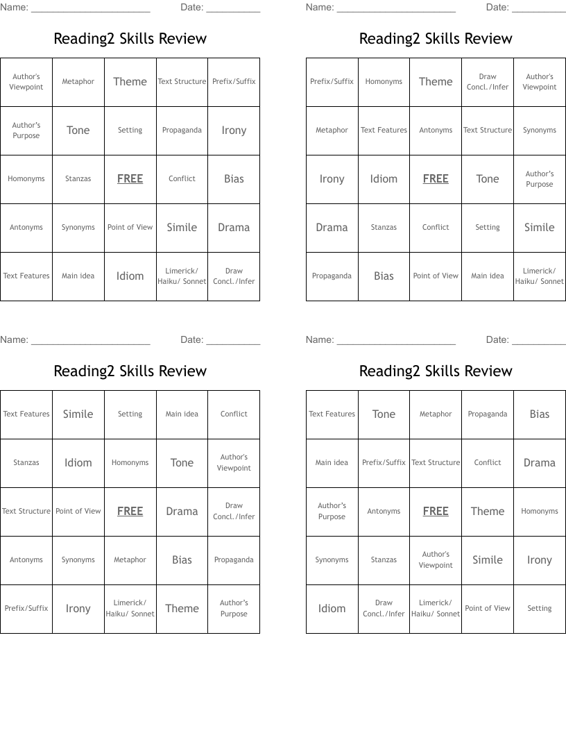 Reading2 Skills Review Bingo Cards