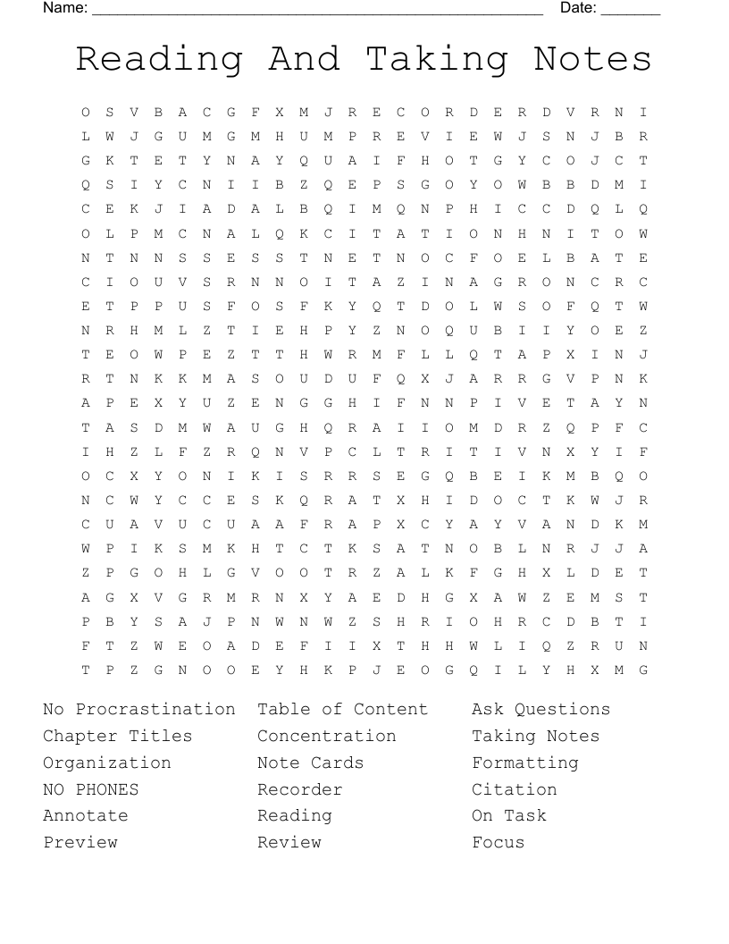 Reading And Taking Notes Word Search