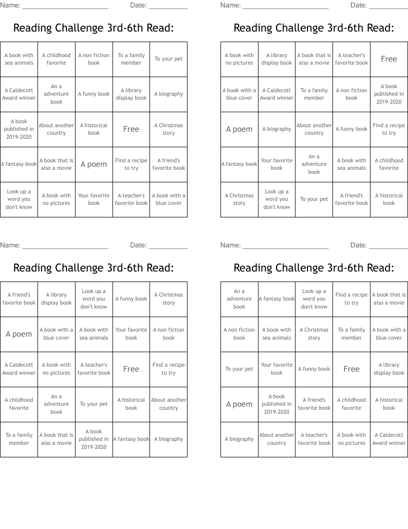 Reading Challenge 3rd-6th  Read: Bingo Cards
