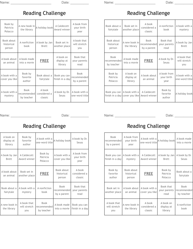 Reading Challenge Bingo Cards