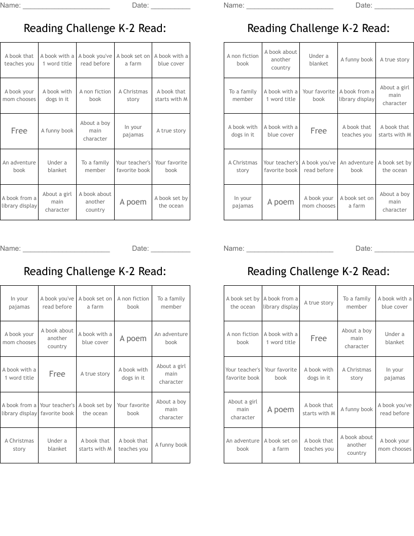 Reading Challenge K-2        Read: Bingo Cards