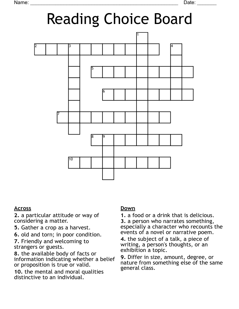 Reading Choice Board Crossword