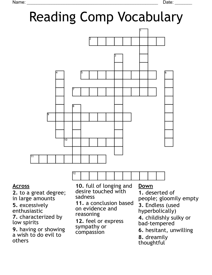 Reading Comp Vocabulary Crossword