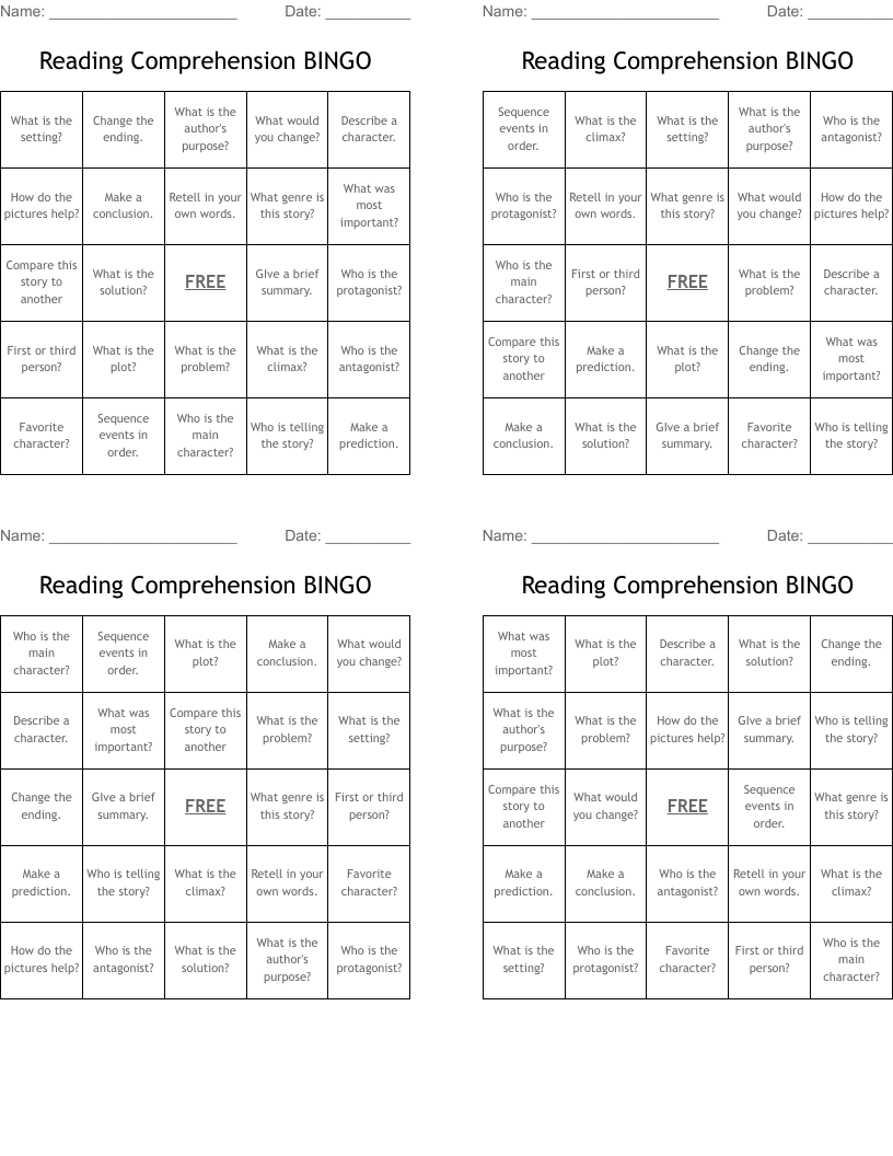 Reading Comprehension BINGO