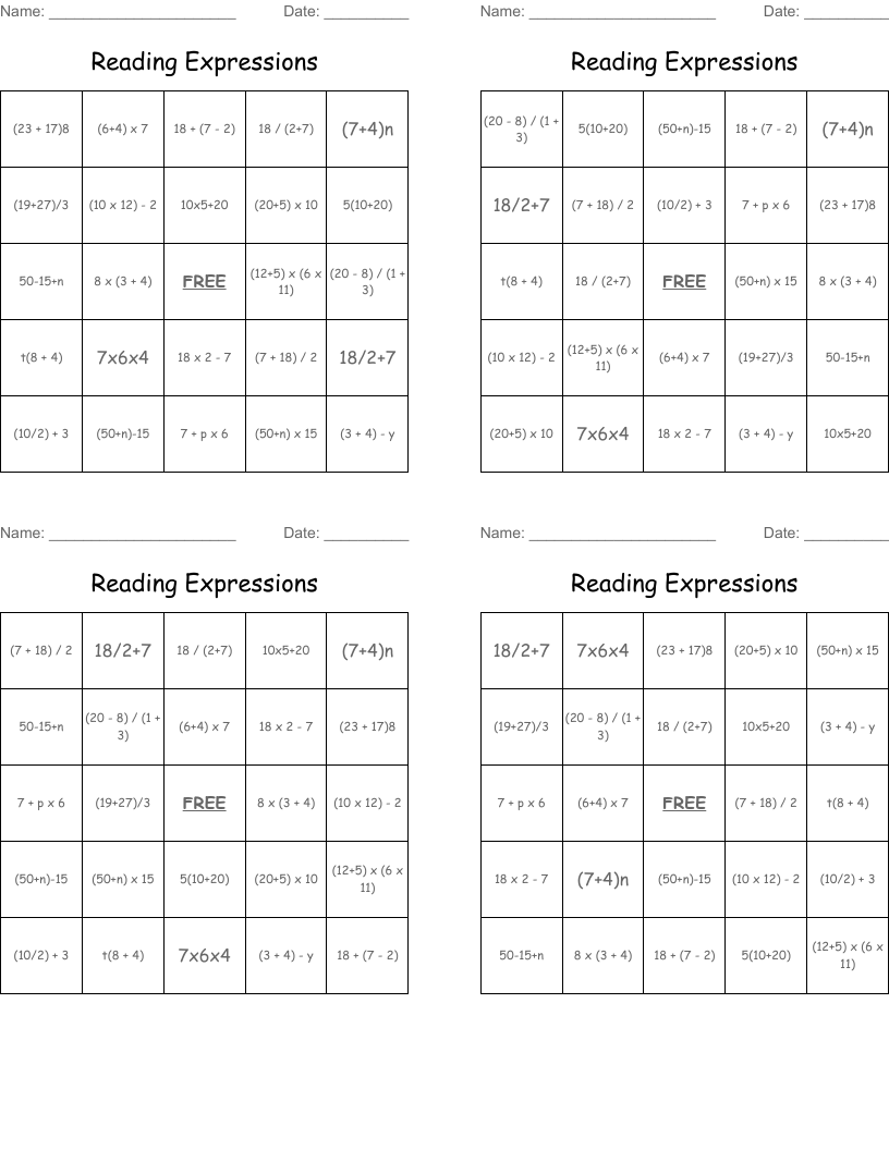 Reading Expressions Bingo Cards