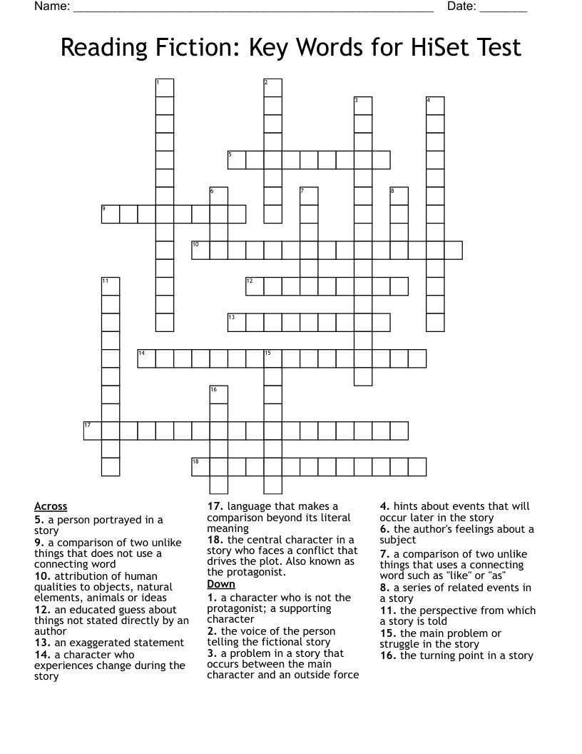 Reading Fiction: Key Words for HiSet Test Crossword