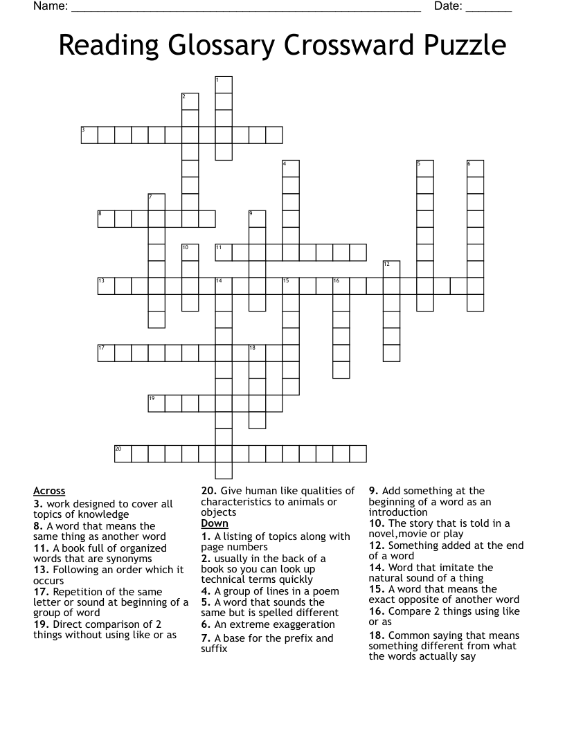 Reading Glossary Crossward Puzzle Crossword