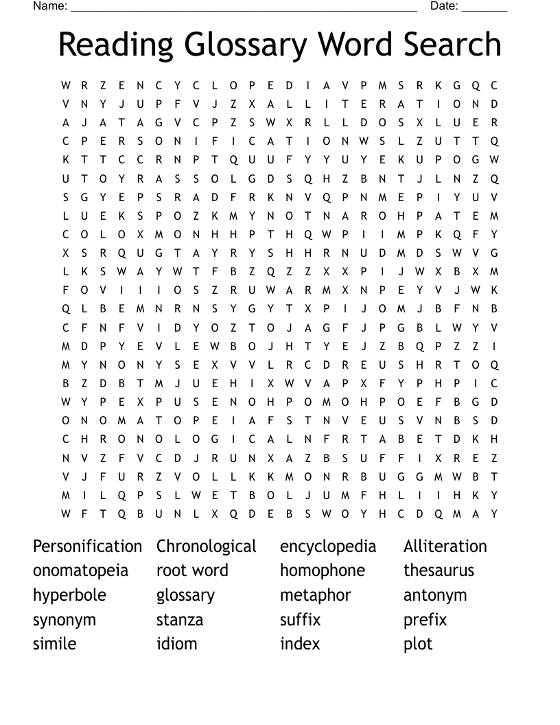 Reading Glossary Word Search