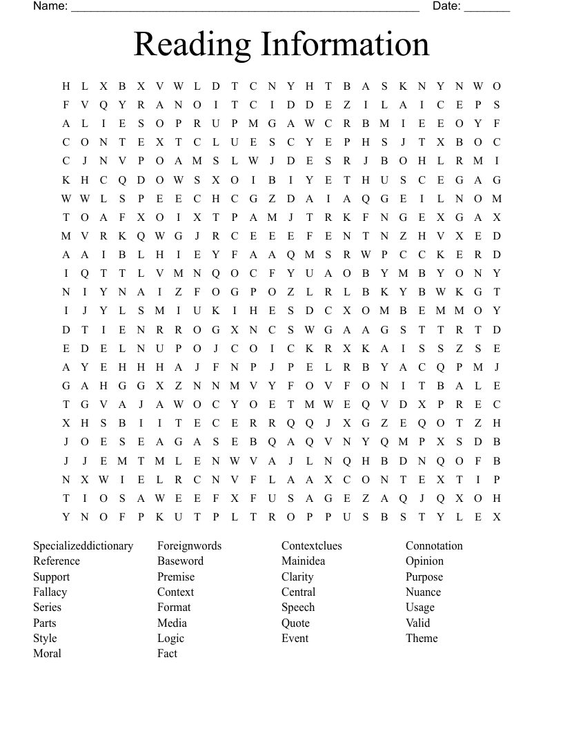 Reading Information  Word Search