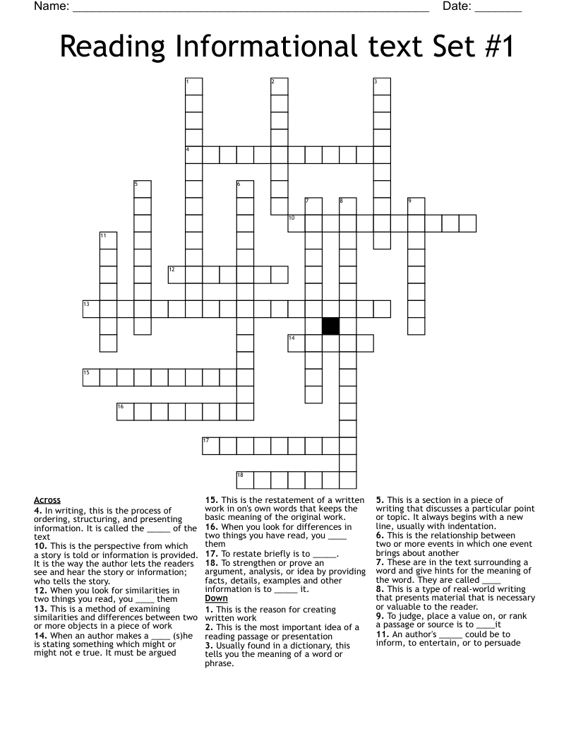 Reading Informational text Set #1 Crossword