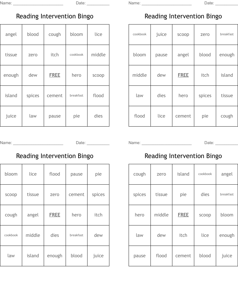 Reading Intervention Bingo