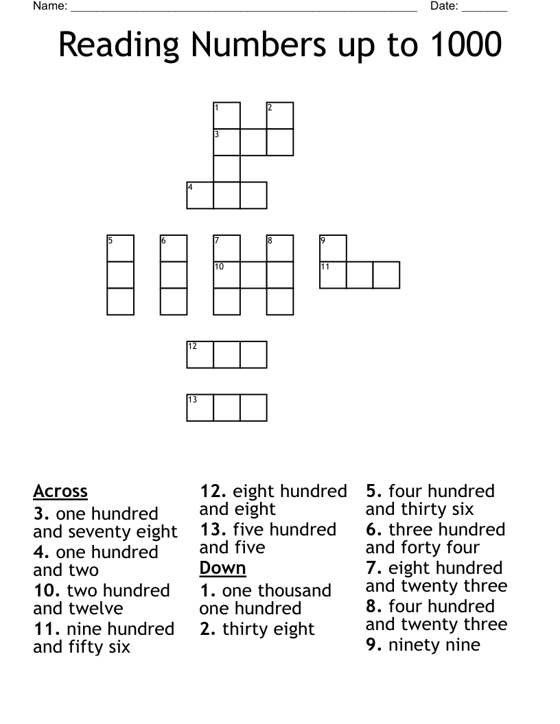 Reading Numbers up to 1000 Crossword