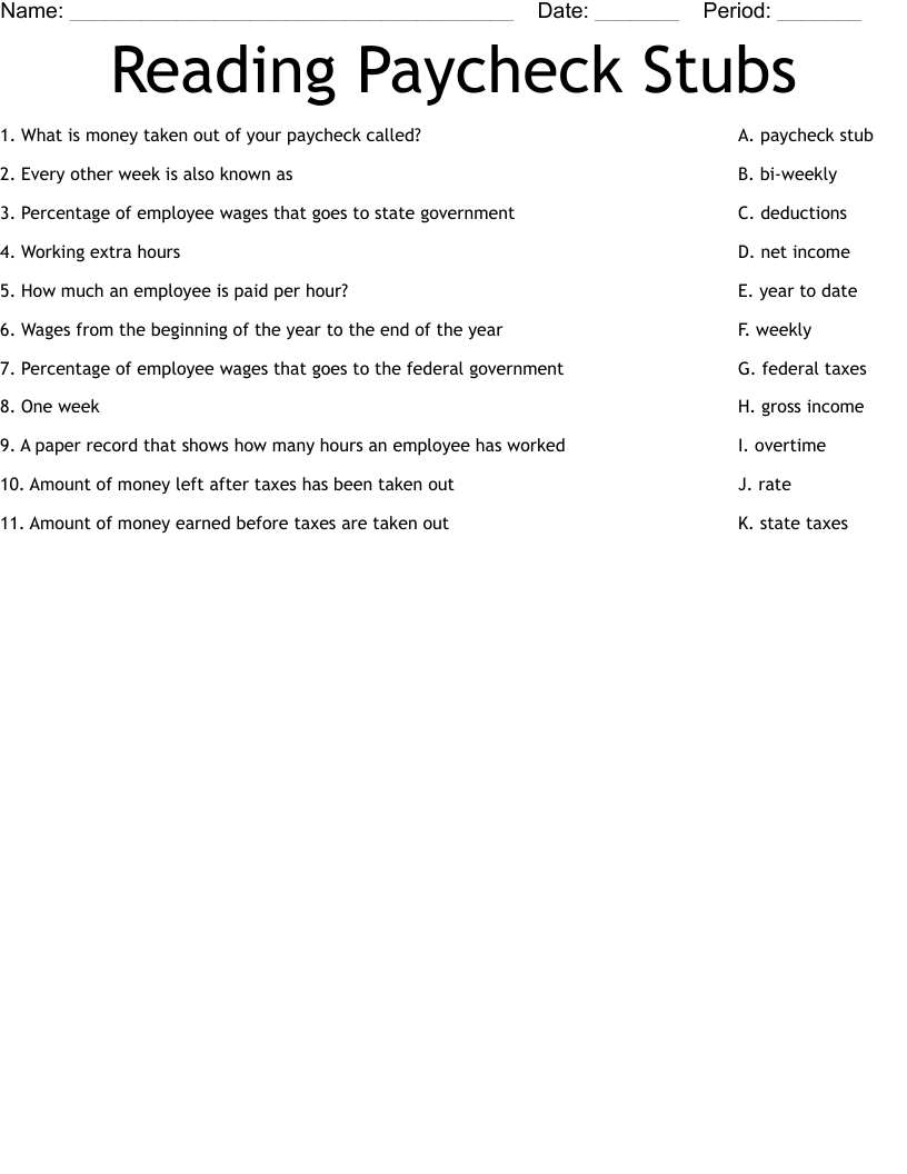 Reading Paycheck Stubs  Worksheet