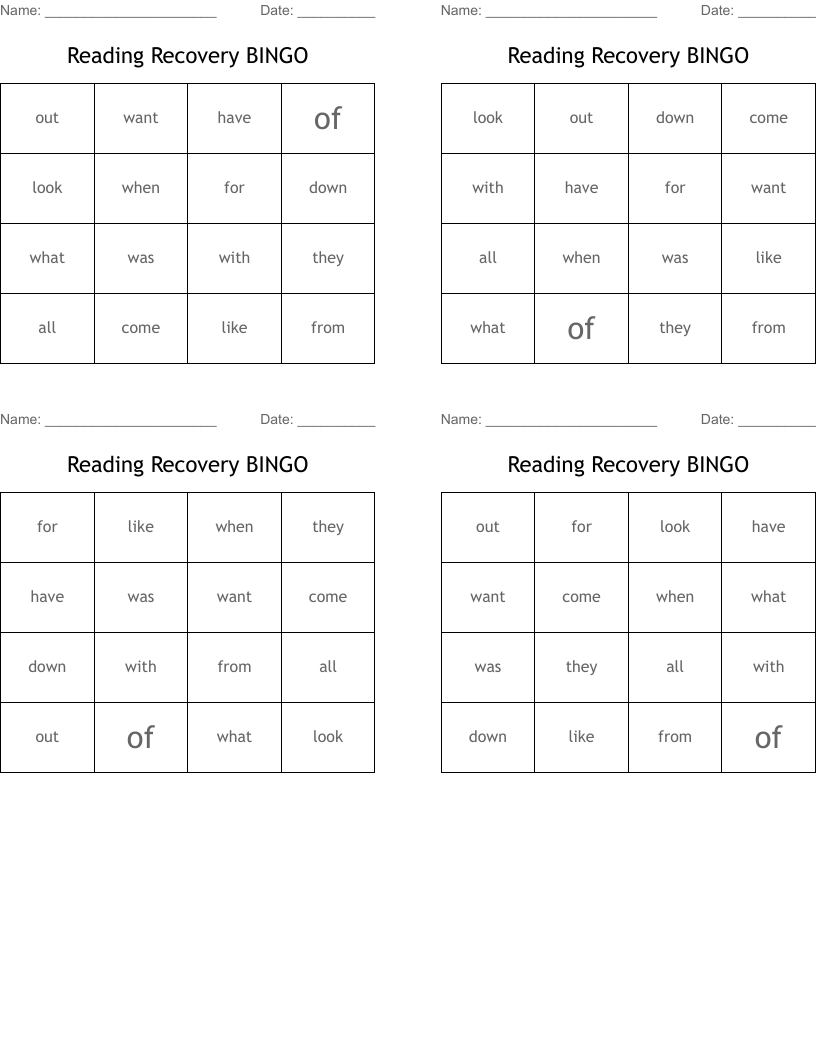 Reading Recovery BINGO