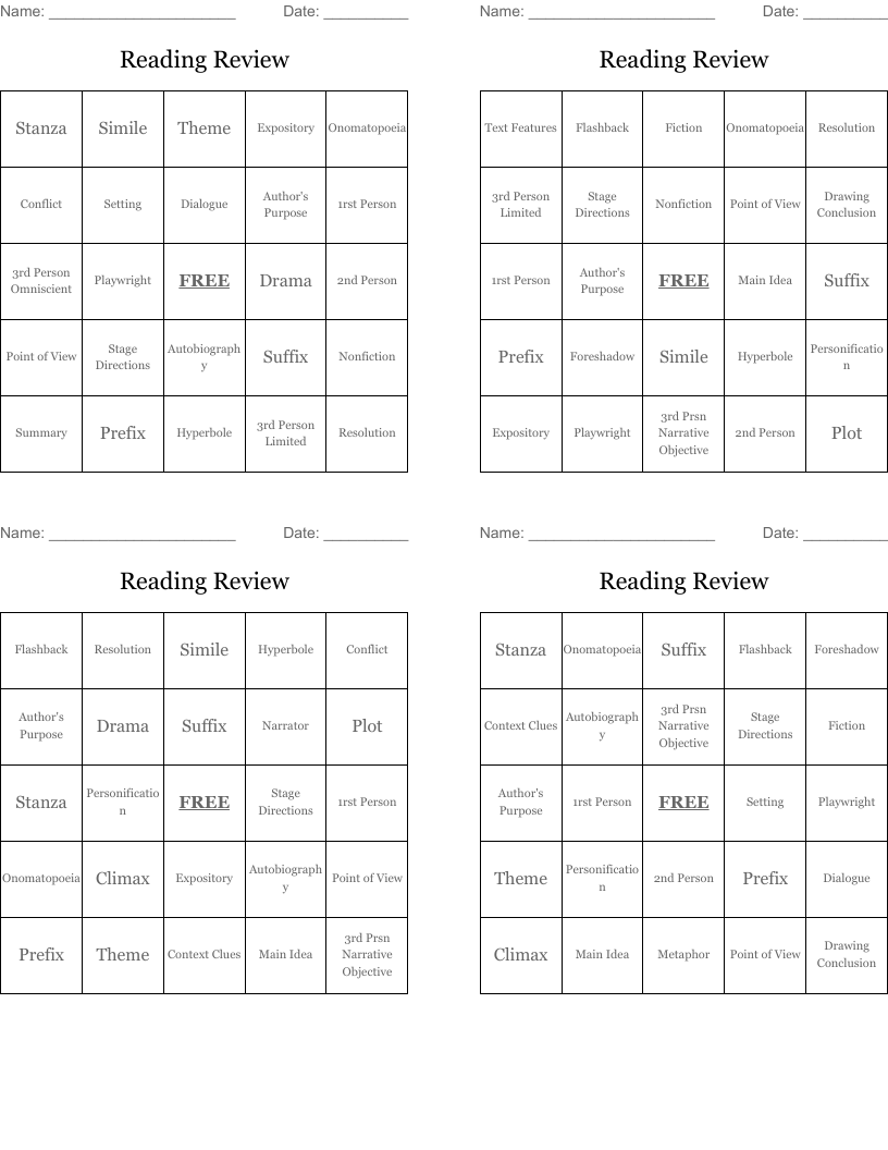 Reading Review Bingo Cards