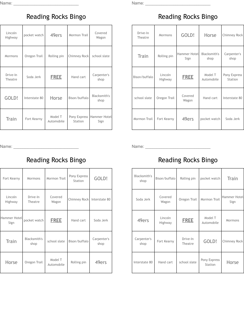 Reading Rocks Bingo