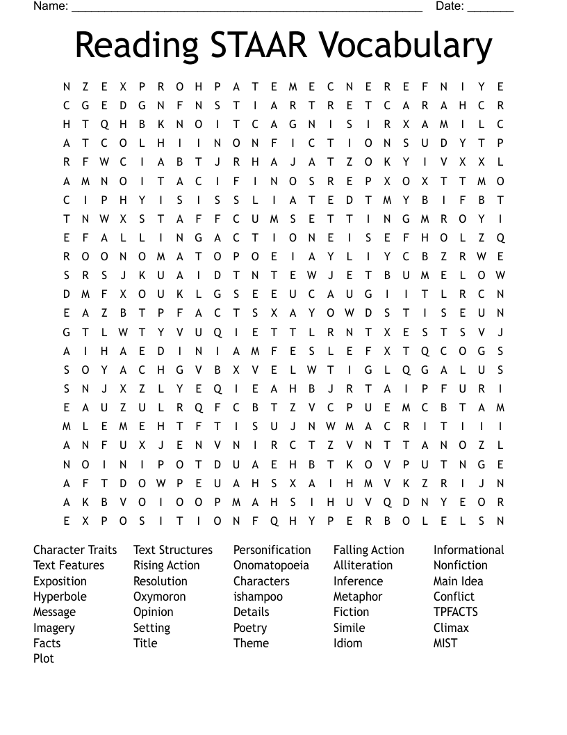 Reading STAAR Vocabulary Word Search