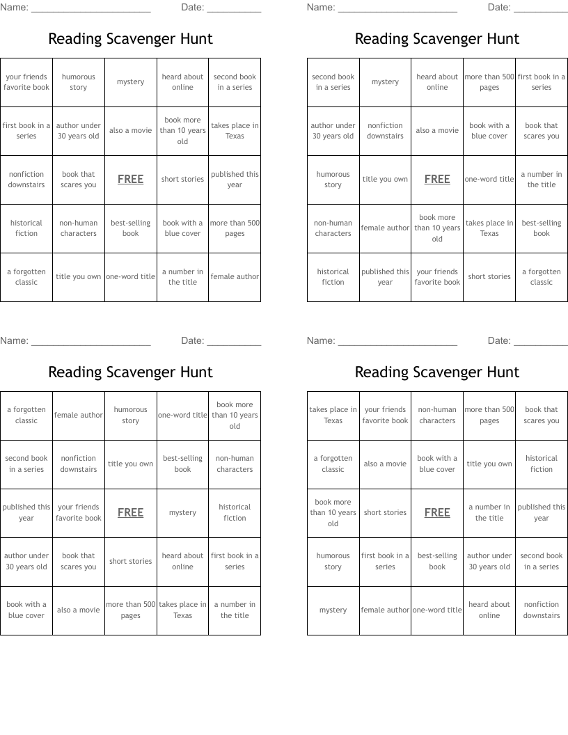 Reading Scavenger Hunt Bingo Cards