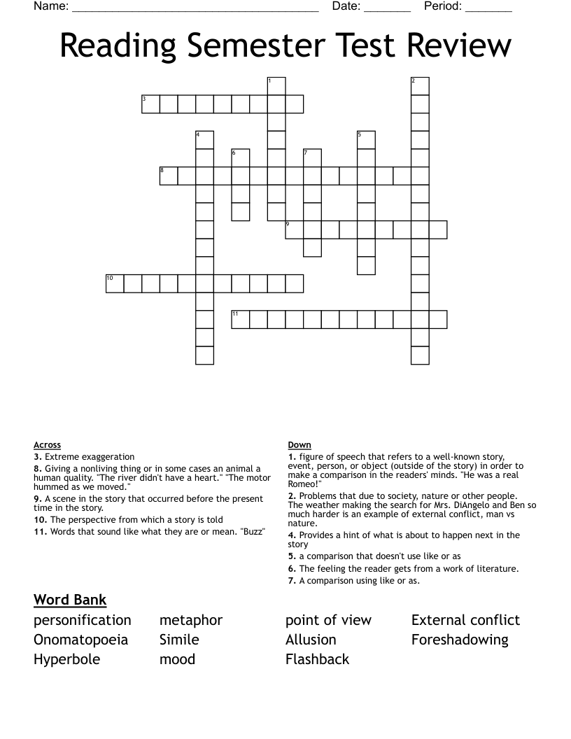 Reading Semester Test Review Crossword
