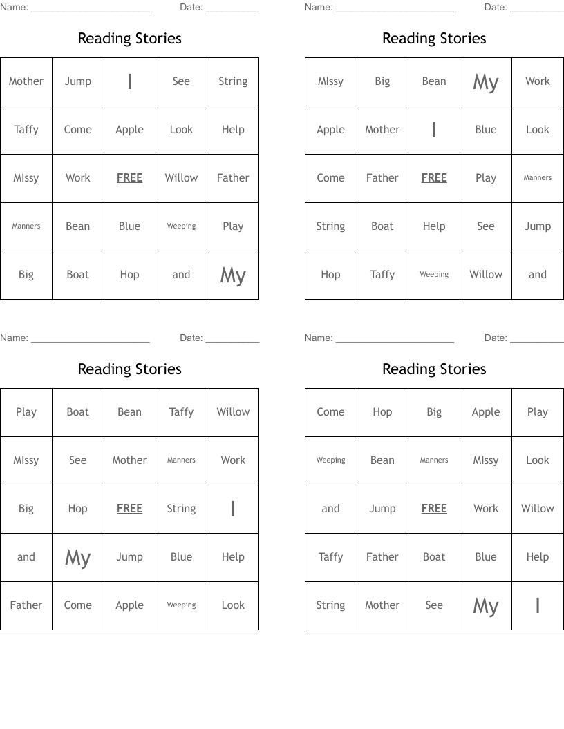 Reading Stories Bingo Cards