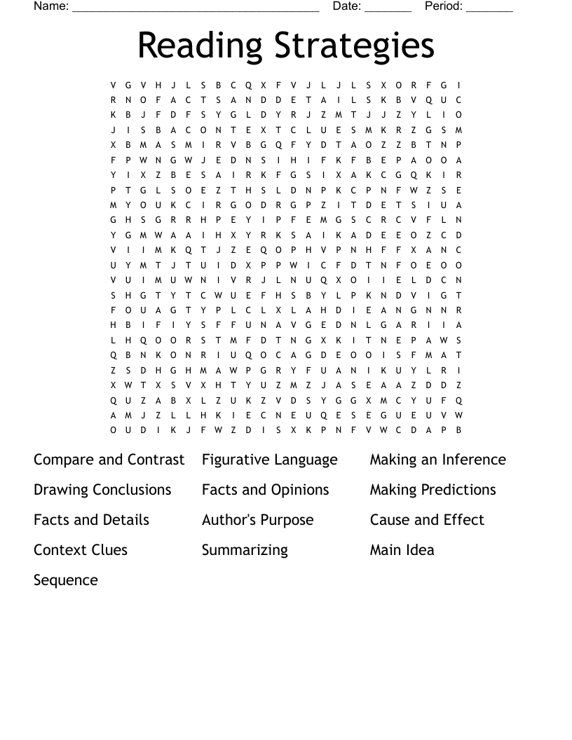 Reading Strategies Word Search